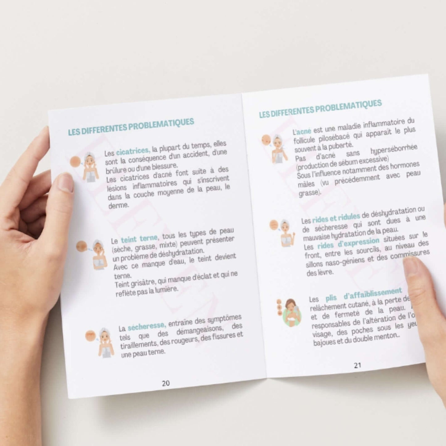 Formation Hydrofacial + Kit complet - page d'un livret expliquant les différentes problématiques cutanées.