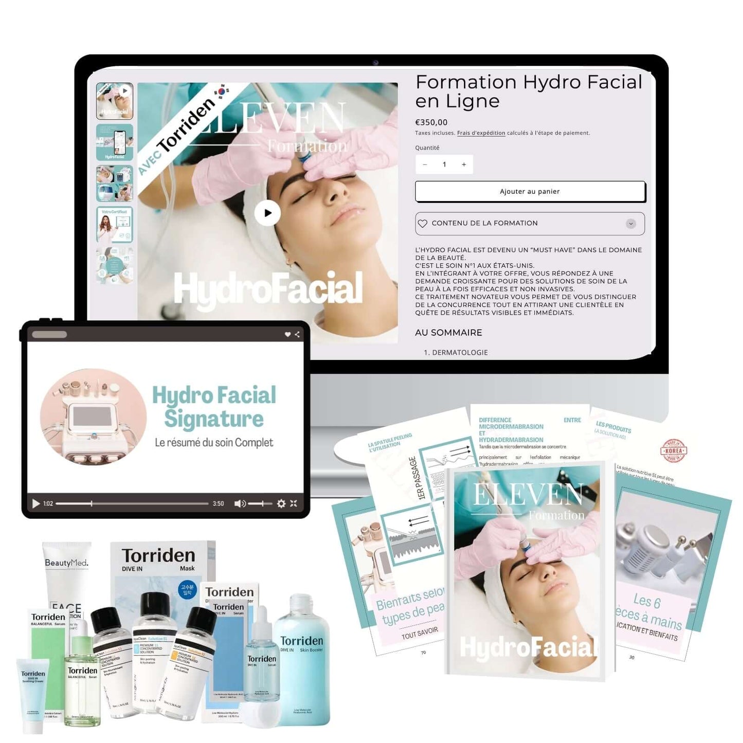 Formation Hydrofacial + Kit complet comprenant une formation en ligne et des produits cosmétiques.