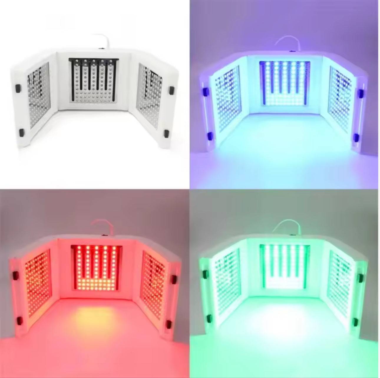 Lampe LED luminothérapie ouverte, affichant différentes couleurs de lumière pour traiter divers problèmes de peau efficacement.
