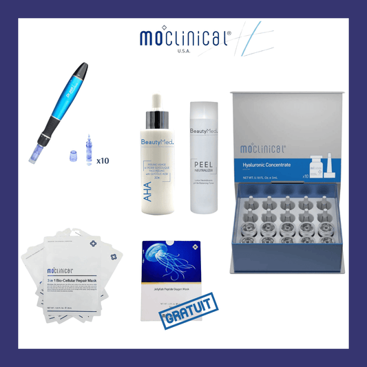 Kit Complet Microneedling avec appareil, sérums et masques pour soins professionnels de la peau.