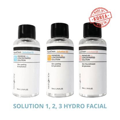 Kit Produit HydroFacial Complet avec Solutions 1, 2, 3 pour soin hydratant et peeling en institut.