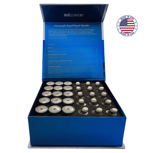 Coffret de sérums Microneedling Hamamelis Repair Booster Mo Clinical. Contient plusieurs fioles pour revitaliser et hydrater la peau en profondeur.