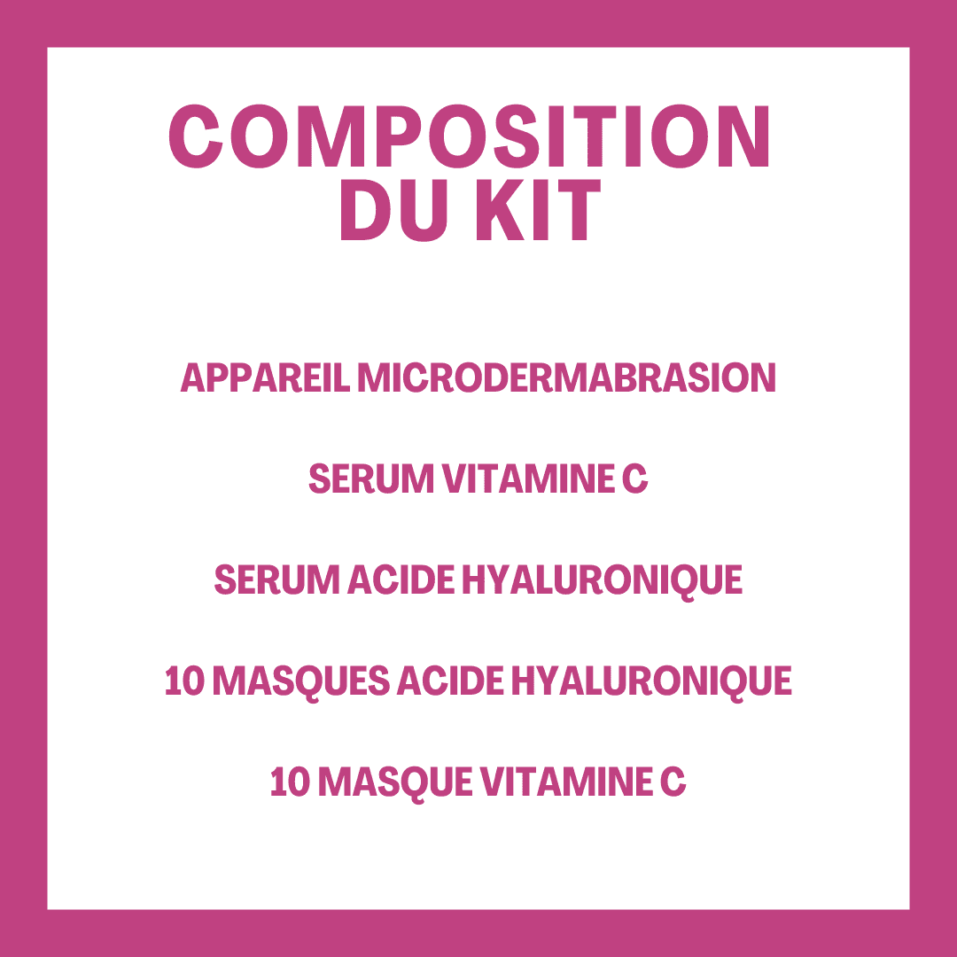 Composition du kit de microdermabrasion : appareil, sérums vitamine C et acide hyaluronique, 10 masques hydratants et 10 masques éclaircissants.