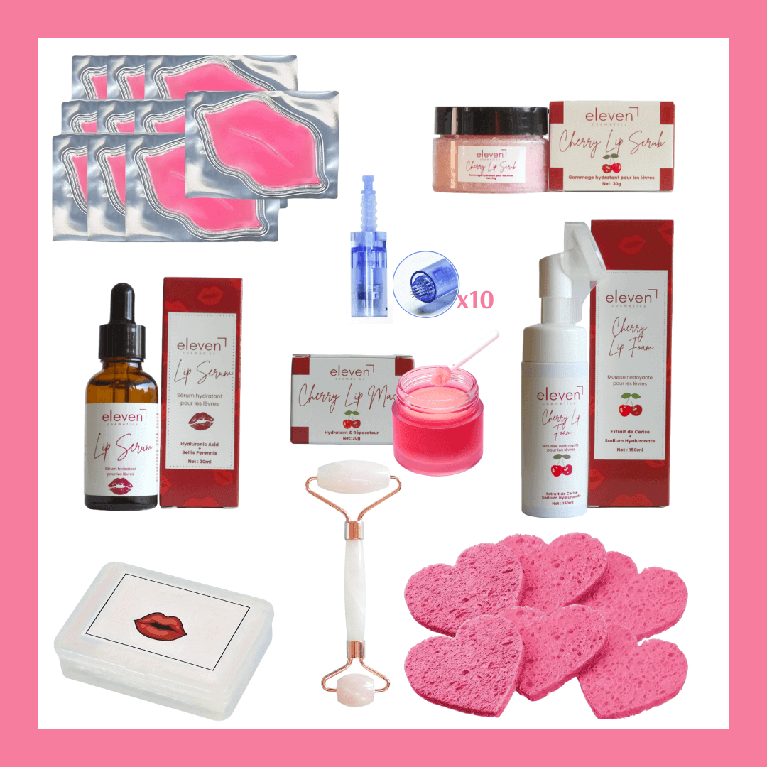 Kit HydraLips Soin Lèvres complet avec mousse nettoyante, sérum à l'acide hyaluronique, masques et accessoires pour un soin professionnel.