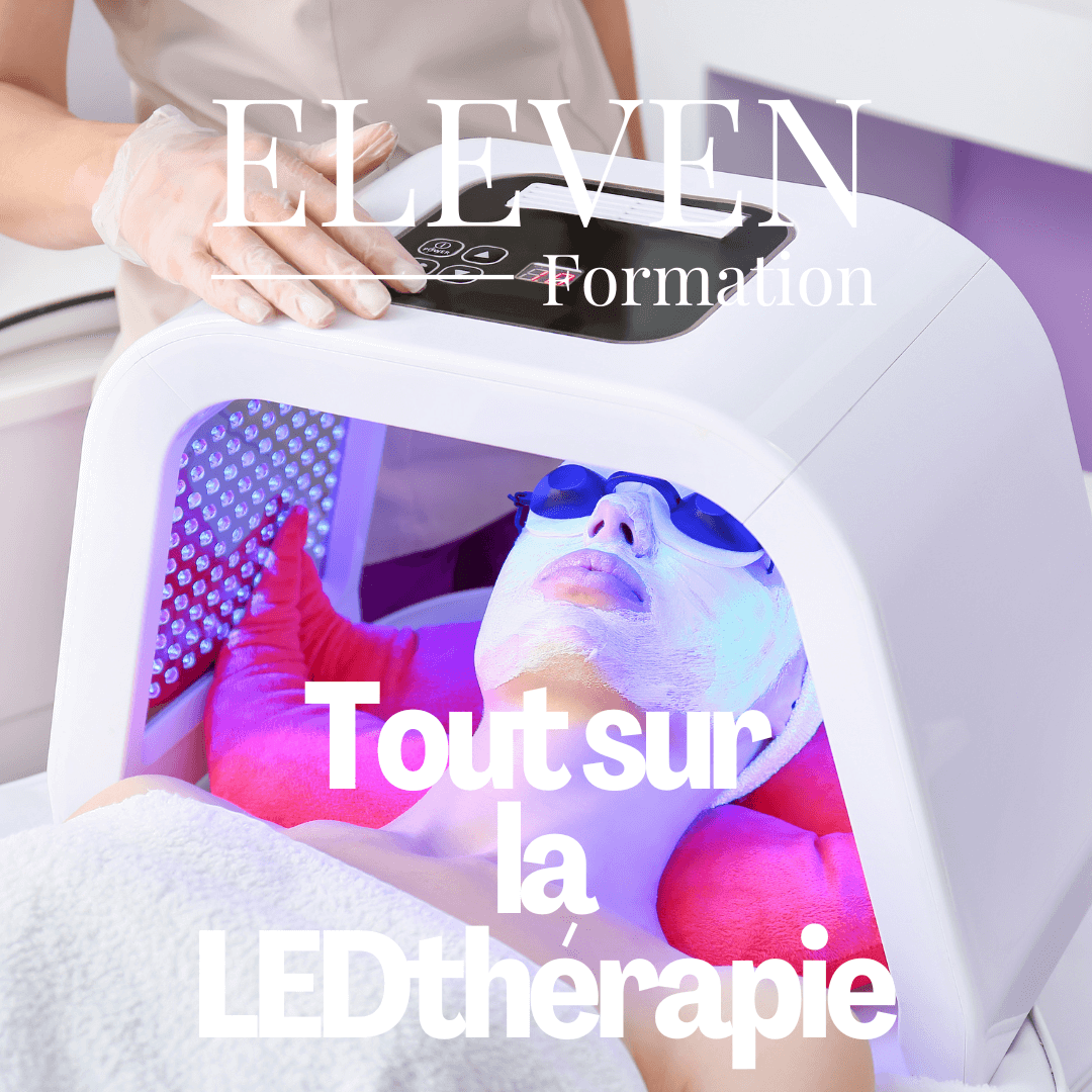 Femme recevant un soin LEDthérapie sous un appareil LED, extrait du e-book 'Tout sur la LEDthérapie' pour apprendre les techniques avancées.