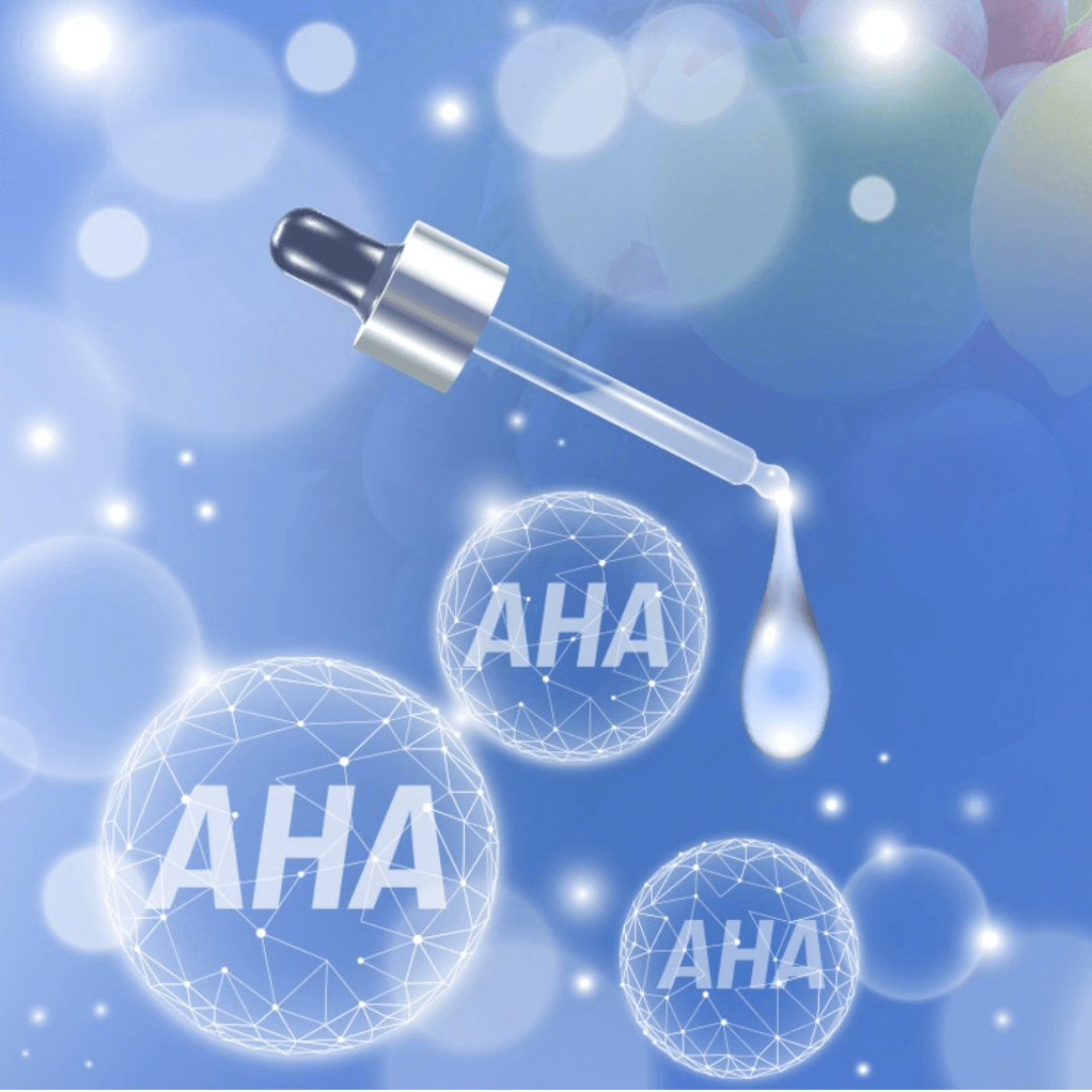 Peeling AHA 30 BeautyMed with dropper showcasing AHA molecules and a blue background.