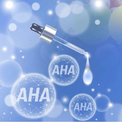 Peeling AHA 30 BeautyMed with dropper showcasing AHA molecules and a blue background.