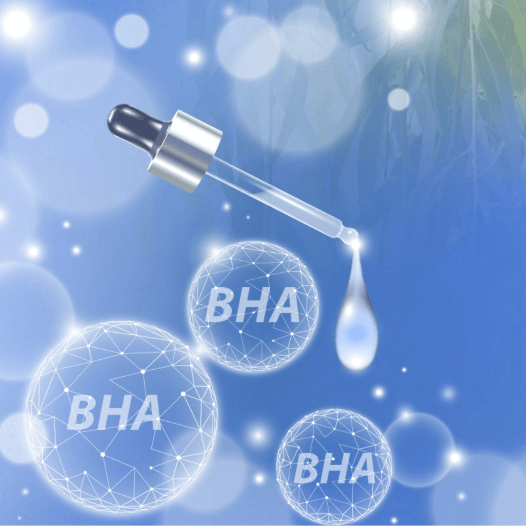 Peeling BHA 20 BeautyMed with dropper and BHA molecules on a blue background.