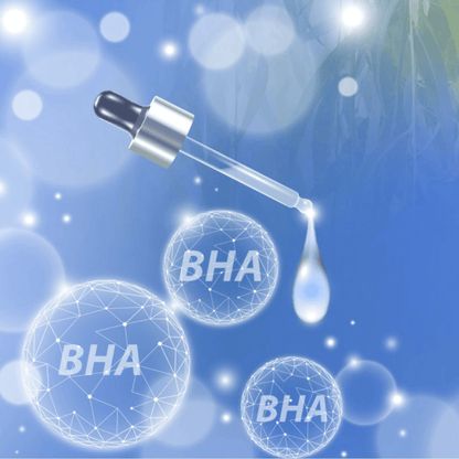 Peeling BHA 20 BeautyMed with dropper and BHA molecules on a blue background.