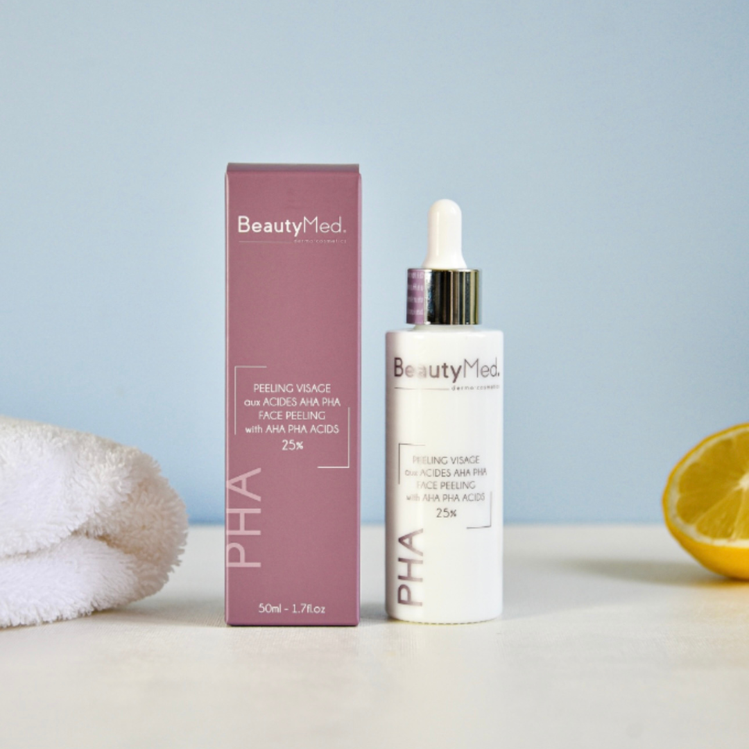 Peeling PHA 25 BeautyMed in a bottle next to a box and lemon, showcasing professional skin care for sensitive skin.