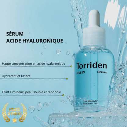 Sérum Acide Hyaluronique Torriden avec haute concentration en acide hyaluronique. Hydratant, lissant et illuminateur pour une peau souple et rebondie.