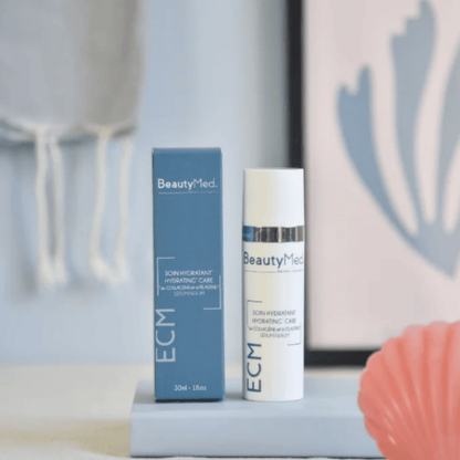 Sérum Beautymed Hydratant Collagène et Elastine sur un comptoir avec un décor minimaliste.