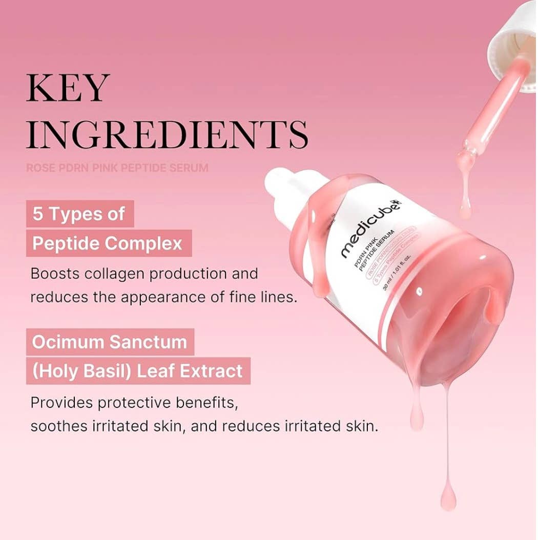 Sérum PDRN Medicube Peptide Rose 30ml with key ingredients, peptide complex and Holy Basil extract for skin care.