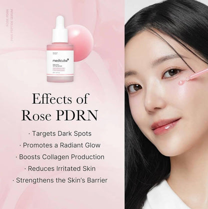 Sérum PDRN Medicube Peptide Rose 30ml, effets sur la peau, targets dark spots, boosts collagen production, promotes a radiant glow.