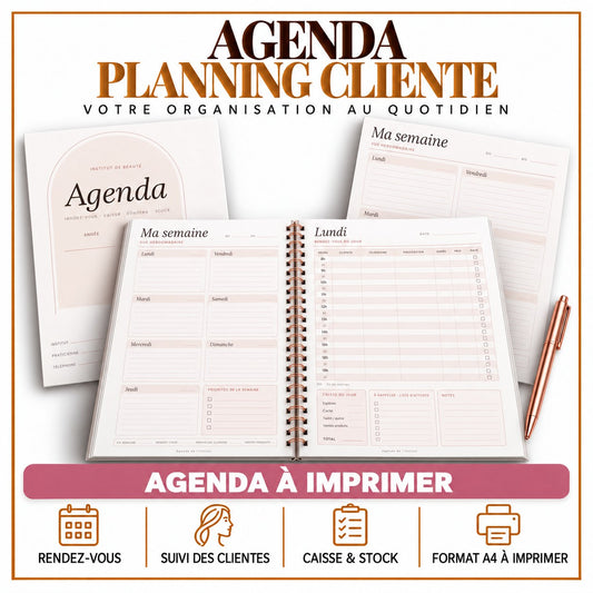 Agenda esthéticienne planning cliente gratuit à imprimer – rendez-vous, suivi des clientes, caisse et stock