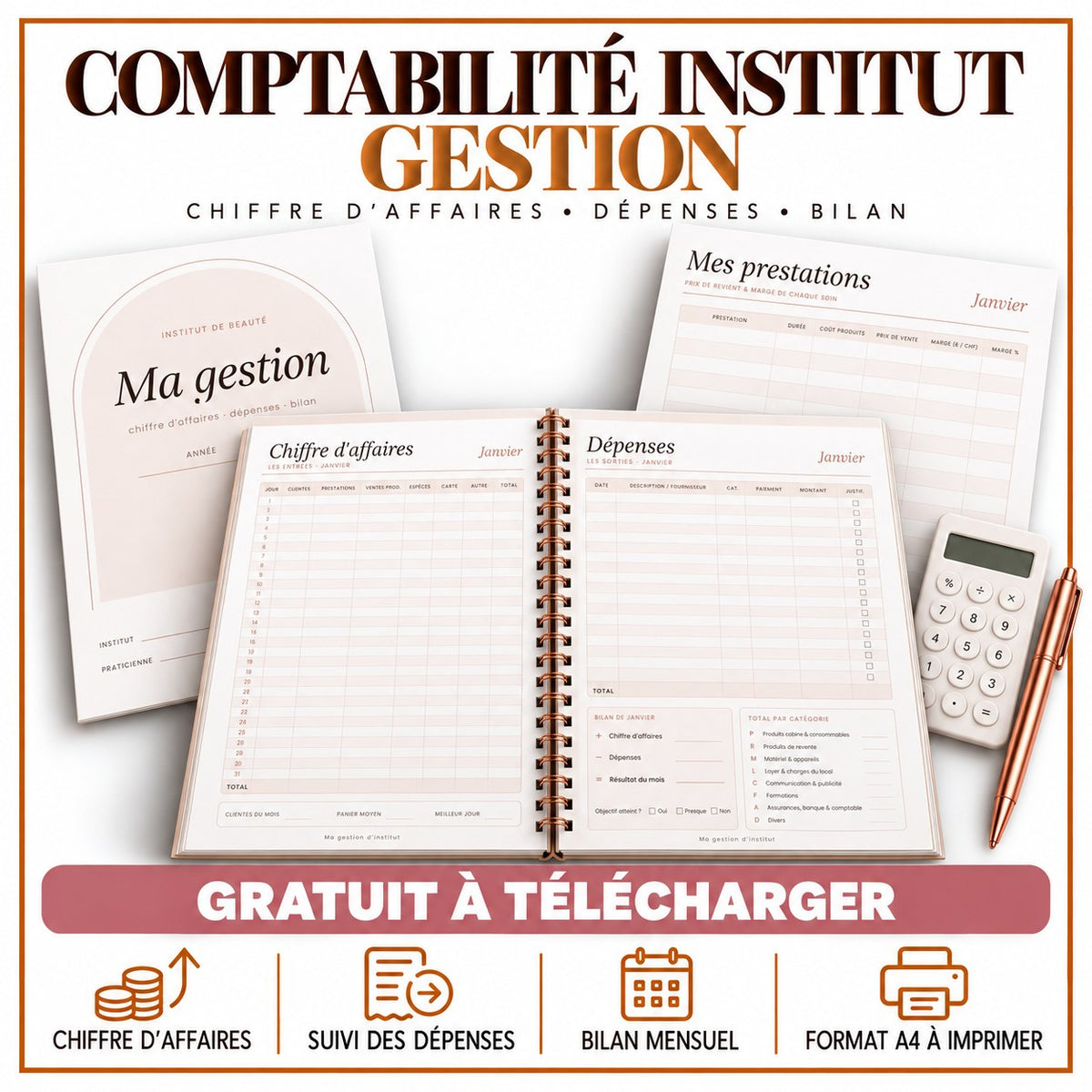 Fichier comptabilité institut gratuit : chiffre d'affaires, dépenses et bilan à imprimer