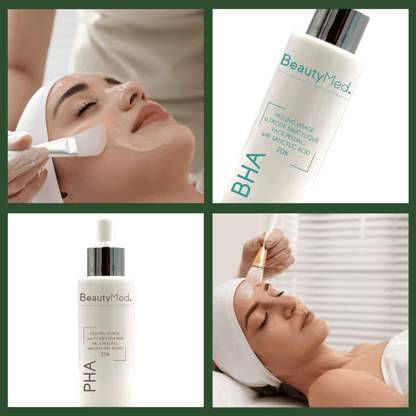 Kit peeling chimique avec produits BHA et PHA, démonstration de l'application sur le visage pour soins professionnels.