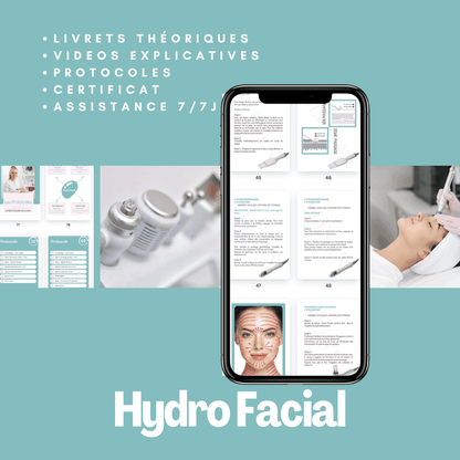 Formation Hydro Facial en ligne avec livret théorique, vidéos explicatives, protocoles détaillés, certificat et assistance 7j/7.