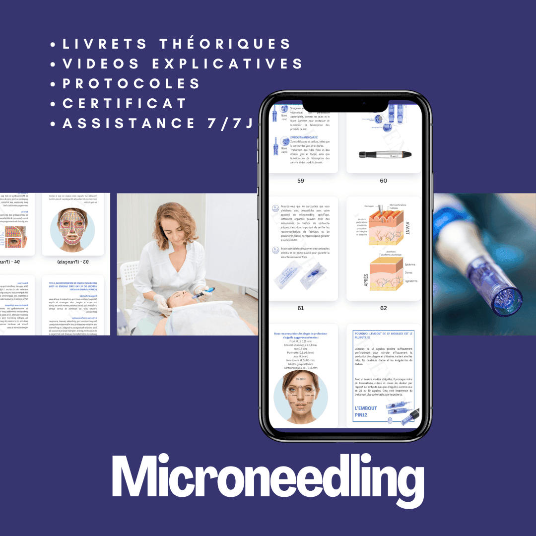 Formation Microneedling en ligne avec vidéos explicatives, livrets illustrés, protocoles détaillés et assistance 7j/7.