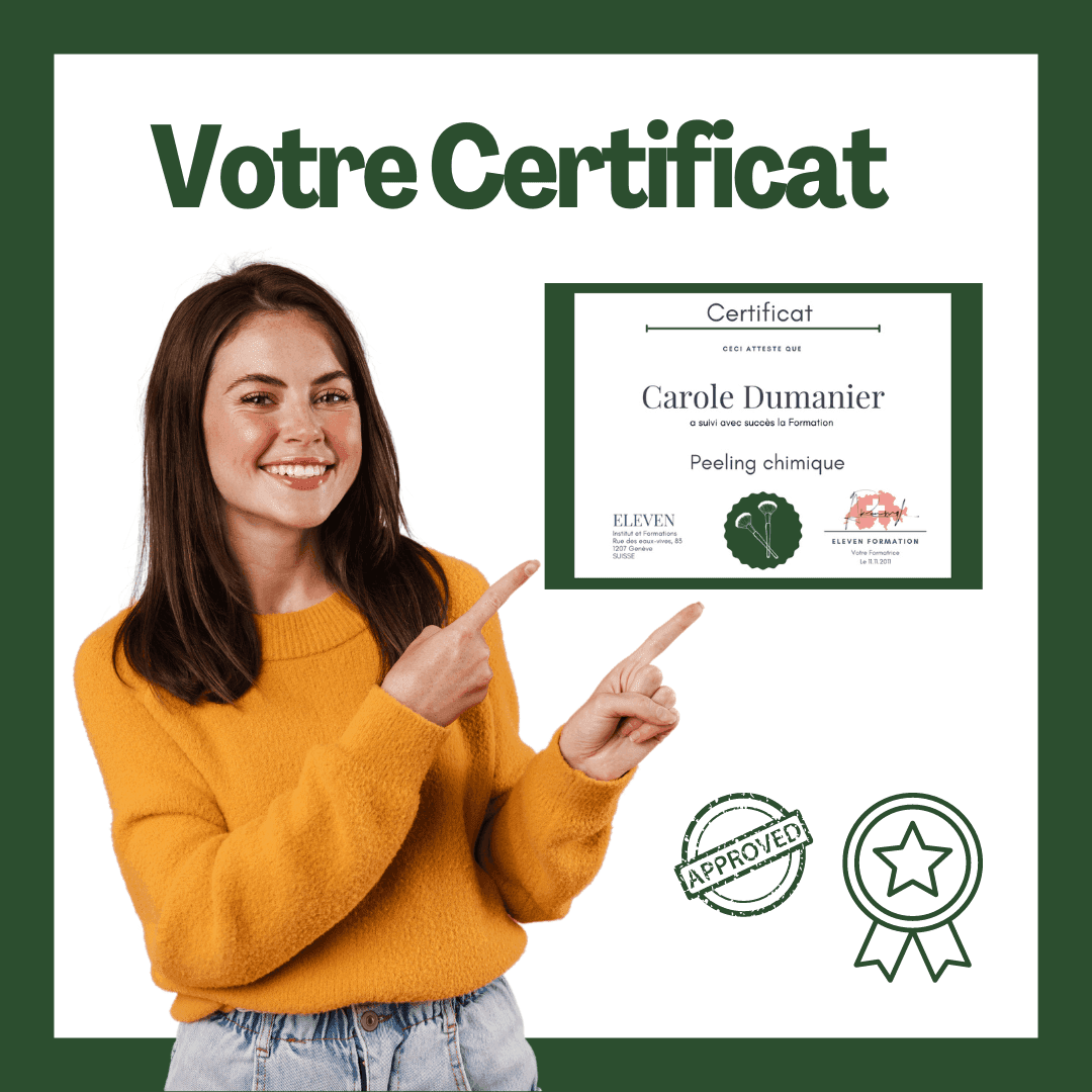 Certificat de formation peeling chimique validé, présenté par une participante satisfaite, gage de qualité et expertise.