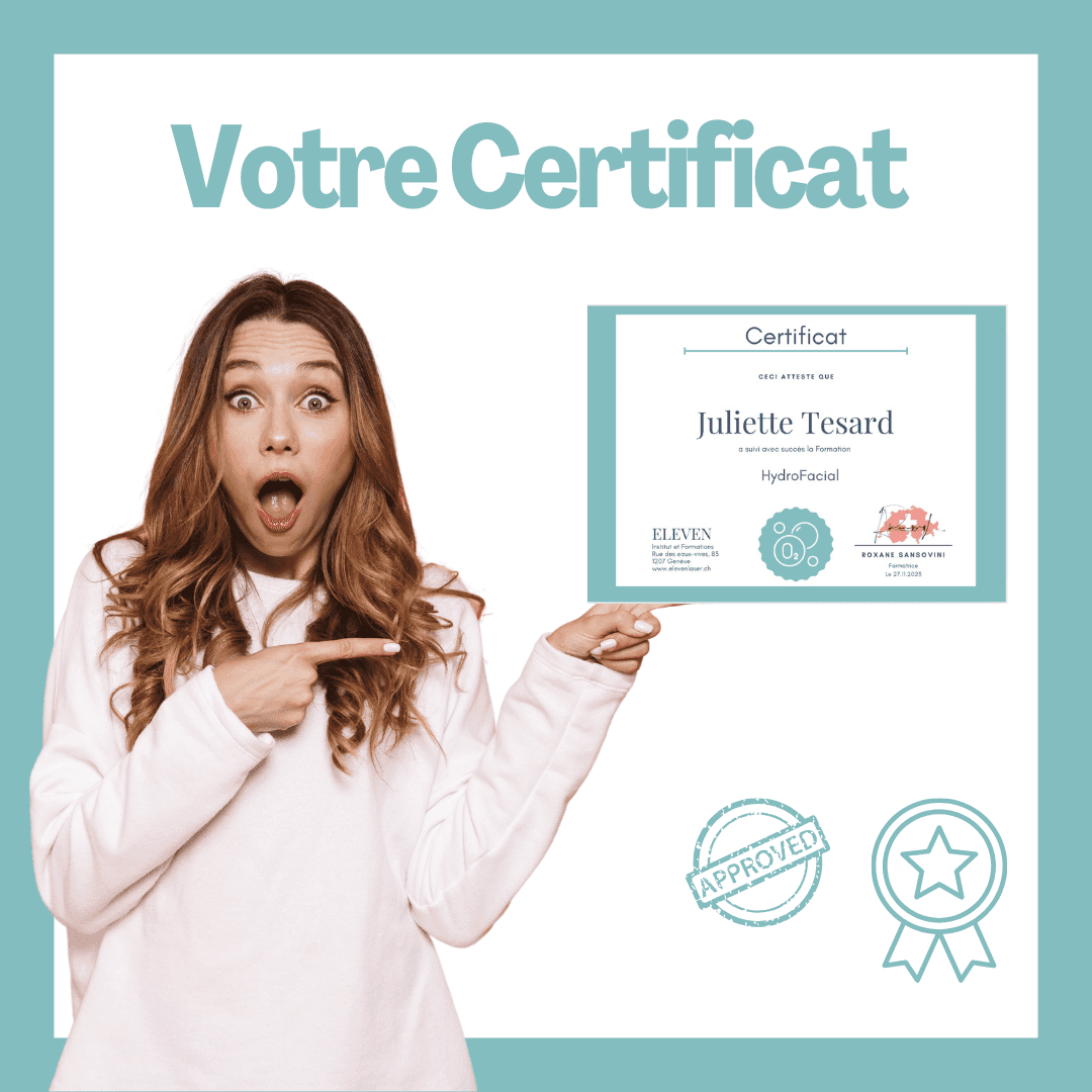 Certificat de réussite pour la formation Hydro Facial en ligne. Apprenez les techniques esthétiques et recevez une certification officielle.