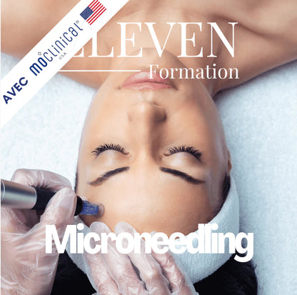 Formation Microneedling avec kit complet, femme recevant un soin visage avec un dermapen, apprentissage esthétique en ligne.